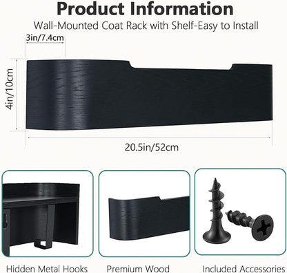 Coat Rack Wall Mount with Shelf 5 Hidden Hooks Modern Wooden Key Holder Entryway Organizer for Hallway Bedroom Bathroom Home Decor Storage for Hanging Coats Hats Bags Towels, Black