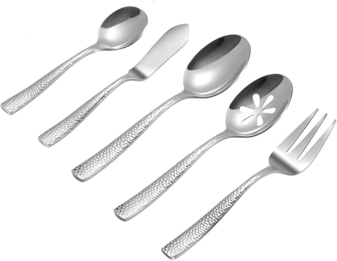 Kelenfer Stainless Steel Silverware Serving Set Hammered Silver Mirror Finished 5 Piece Serving Utensil Set Flatware Set