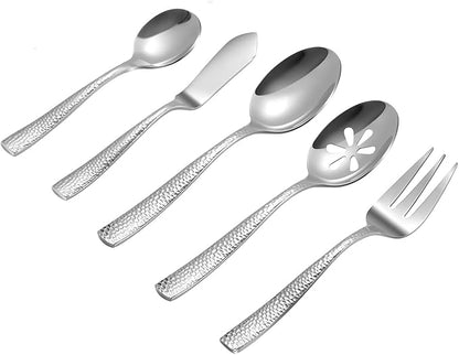 Kelenfer Stainless Steel Silverware Serving Set Hammered Silver Mirror Finished 5 Piece Serving Utensil Set Flatware Set
