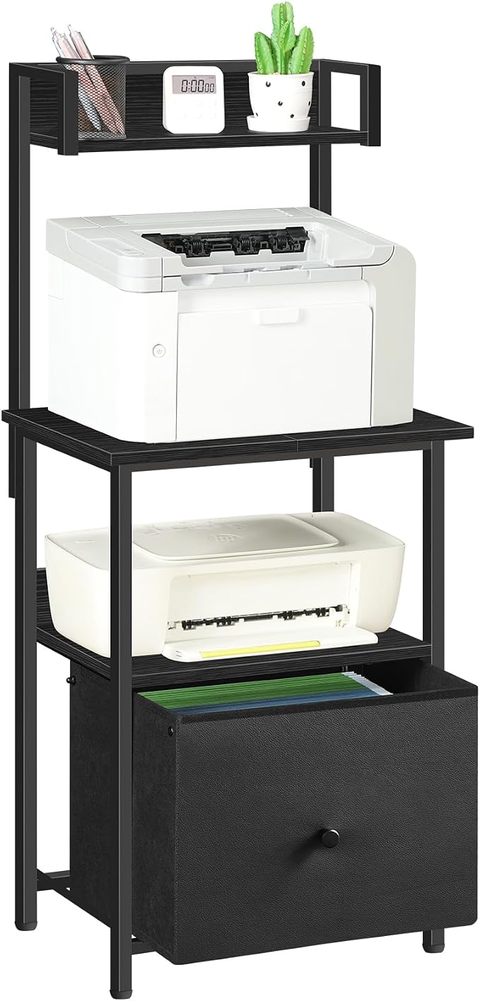 MAHANCRIS Printer Table with Storage, Home Printer Stand with File Cabinet, Fits A4/Letter Size Files, Printer Cabinet with Large Tabletop, Display Shelf, for Home Office, Black PTBK3501