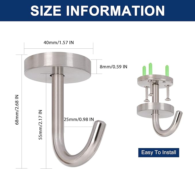 NearMoon Coat Hooks, Wall Mount Hooks for Hanging Hat Hurse Robe, 304 Stainless Steel Heavy Duty Towel Hangers for Bathroom Livingroom Kitchen-Ceiling Hook, 6 Pack (2 Inch, Brushed Nickel)