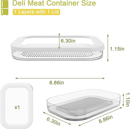 Stackable Deli Meat Container with Drainage Groove and Silicone Lid, Clear Refrigerator Storage Containers for Lunch Meats, Cold Cuts, Bacon, Cheese, BPA Free - 1 Layer