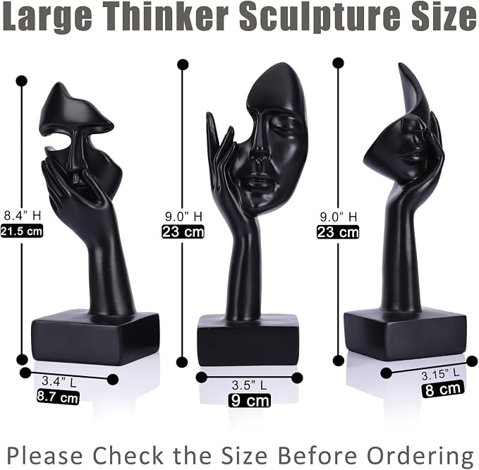 3 Pcs Thinker Large Statue Set - Black Art Abstract Home Accent Figurines for Living Room, Bedroom, Shelves, Office Desktop, Coffee Table Decor, Gift for Women (3 Pcs Black, 9")