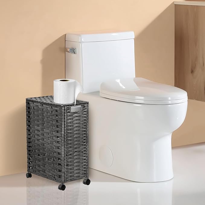 Toilet Paper Storage Basket with Lid and Wheels, Rattan Toilet Paper Holder Storage, Toilet Paper Organizer for Bathroom, Bedroom, Kitchen, 12.6”L x 7.1”W x 17.14”H, Grey