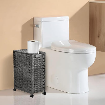 Toilet Paper Storage Basket with Lid and Wheels, Rattan Toilet Paper Holder Storage, Toilet Paper Organizer for Bathroom, Bedroom, Kitchen, 12.6”L x 7.1”W x 17.14”H, Grey