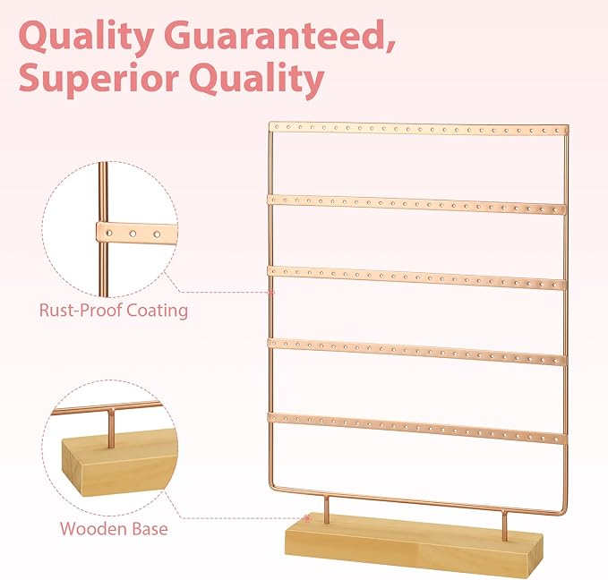 Earring Holder Organizer, 5-Tier Earring Organizer with 60-Pair Capacity, Wooden Base Metal Earring Display, Jewelry Storage & Display for Home Store, Suitable for Women