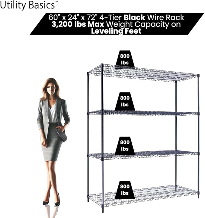 Utility Basics NSF Commercial 4-Tier Wire Shelving with Wheels, 60"x24"x72" Heavy Duty Metal Shelves 3200 lbs Max Capacity, Black Storage Rack for Garage Kitchen Pantry Warehouse