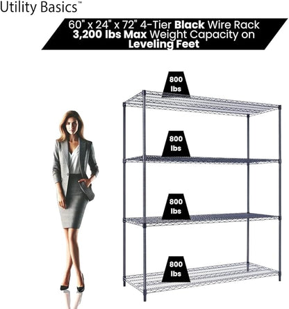Utility Basics NSF Commercial 4-Tier Wire Shelving with Wheels, 60"x24"x72" Heavy Duty Metal Shelves 3200 lbs Max Capacity, Black Storage Rack for Garage Kitchen Pantry Warehouse