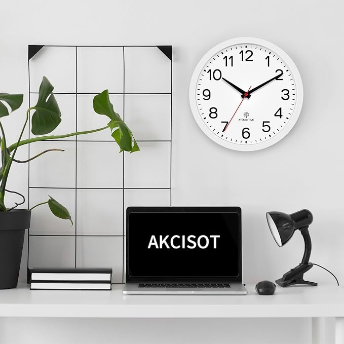 AKCISOT Atomic 10 Inch Wall Clock, Analog Indoor Battery Operated Clock for Kitchen Bedroom Office Classroom Living Room (White)