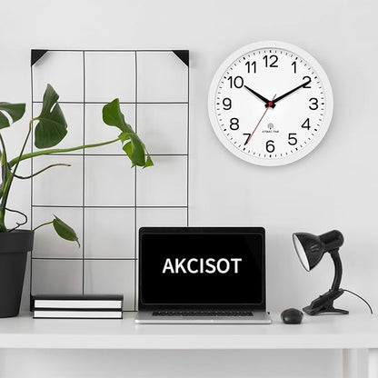 AKCISOT Atomic 10 Inch Wall Clock, Analog Indoor Battery Operated Clock for Kitchen Bedroom Office Classroom Living Room (White)