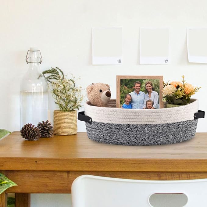 2 Pack Small Cotton Rope Woven Basket Toilet Paper Baskets for Organizing Decorative Basket for Boho Decor Small Storage Basket 13"x5.9"x4" Variegated Gray&White