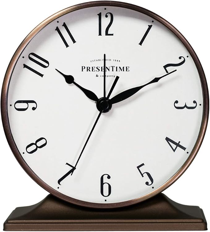 Presentime & Co Lewis Mantel Alarm Clock, Desk and Shelf Clock, Tabletop Decoration, 5.5 x 5 inch, Silent no Ticking, Metal Base, Bronze Finish, Arabic Numeral