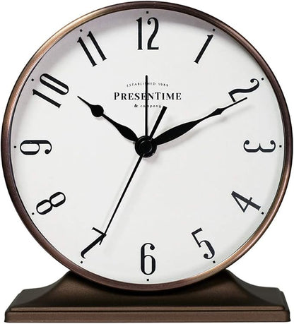 Presentime & Co Lewis Mantel Alarm Clock, Desk and Shelf Clock, Tabletop Decoration, 5.5 x 5 inch, Silent no Ticking, Metal Base, Bronze Finish, Arabic Numeral