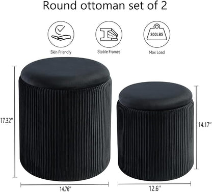 BLEXA Round Ottoman with Storage Set of 2-Upholstered Velvet Vanity Stool for Makeup Multifunctional Ottomans Coffee Table Padded Seat Foot Rest for Living Room&Bedroom (Black-Upgrade Tray Lid)