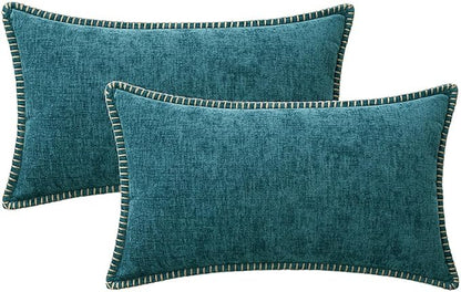 MIULEE Pack of 2 Lumbar Throw Pillow Covers 12x20 Inch Dark Teal Farmhouse Decorative Pillow Covers with Stitched Edge Soft Chenille Solid Dyed Pillow Covers for Couch Sofa Bed Living Room