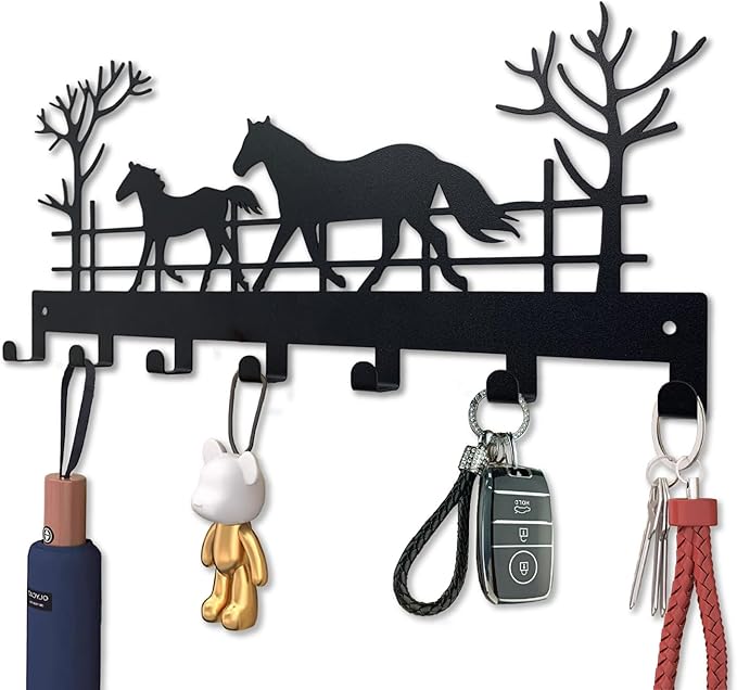 Metal Horse Key Holder for Wall,Metal Key Organizer Wall Decorative with 7 Hooks,Black Wall Mount Key Holder for Entryway,Front Door,Hallway,Office