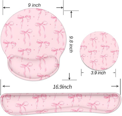 Ergonomic Mouse Pad with Wrist Rest and Keyboard Wrist Rest, Mousepad and Wrist Rest for Computer Keyboard, Non-Slip Rubber Base, Mouse Pad Wrist Support for Gaming, Pink Bow
