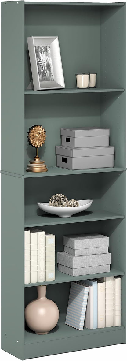 Furinno Jaya Book Shelf, 5-Tier Bookshelf, Bookcase with Adjustable Shelves, 9.5" x 24.5" x 71.2", for Organization and Storage, for Living Room, Bedroom, Home Office, Sage Green
