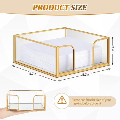 LemonRoad 2 Pcs Square Gold Napkin Holder for Table 5.7 x 5.7 Inch Decorative Cocktail Napkin Holder Glass Flat Paper Basket for Kitchen Dining Buffet Bar Counter Wedding Party Restaurant Bar Hotel