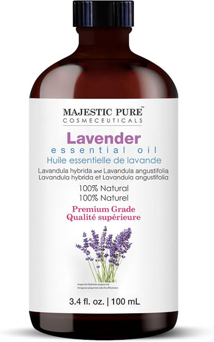 Majestic Pure Essential Oil with Glass Dropper - 100% Pure and Natural - Essential Oils for Diffuser, Aromatherapy, Soap and Candle Making, Lavender Essential Oil, Lavender Oil, 3.4 Fl Oz