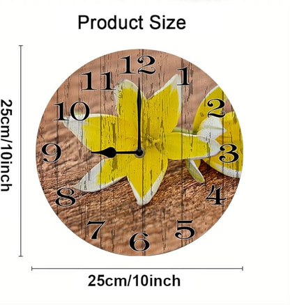 Yellow Flower Wall Clock 10 Inch Silent Non Ticking Battery Operated Wooden Modern Office Simple Minimalist Clock Decorative for Kitchen Home Bathroom Living Room