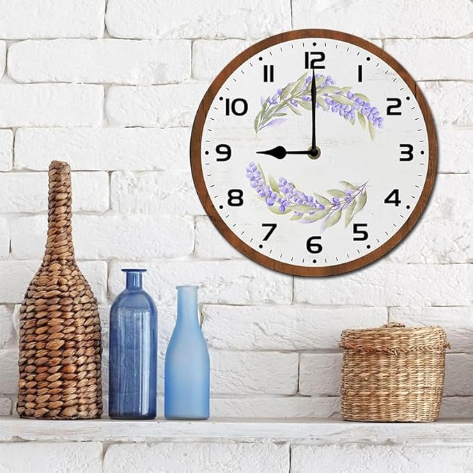 Purple Flowers Wall Clock 10 Inch Silent Non Ticking Battery Operated Wooden Modern Office Simple Minimalist Clock Decorative for Kitchen Home Bathroom Living Room