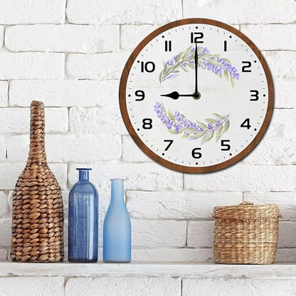 Purple Flowers Wall Clock 10 Inch Silent Non Ticking Battery Operated Wooden Modern Office Simple Minimalist Clock Decorative for Kitchen Home Bathroom Living Room