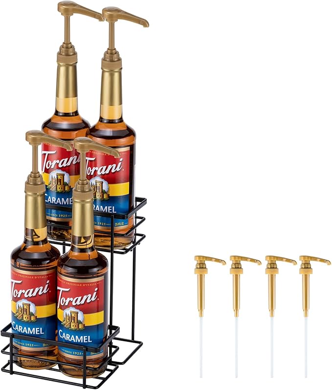 Coffee Syrup Organizer, 4 Bottle Capacity Syrup Stand, 2 Tier Syrup Rack for Coffee Bar Accessories with 4 Coffee Syrup Pump, Syrup Holder for Kitchen, Storage for Syrup, Wine, Dressing（Black）