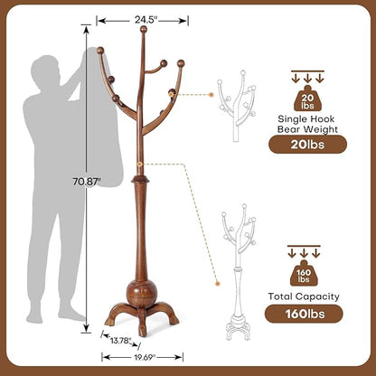 Wooden Coat Rack Freestanding with 8 Hooks, Heavy Duty Coat Hanger Stand with Stable Base, Vintage Coat Tree Standing Coat Racks for Entryway, Hallway, Bedroom (Walnut)