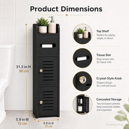 Toilet Paper Holder Stand, Small Bathroom Storage Cabinet with Doors and Toilet Paper Storage, Slim Floor Standing Shelf for Small Spaces,Toilet Storage Cabinet for Bathroom,Black
