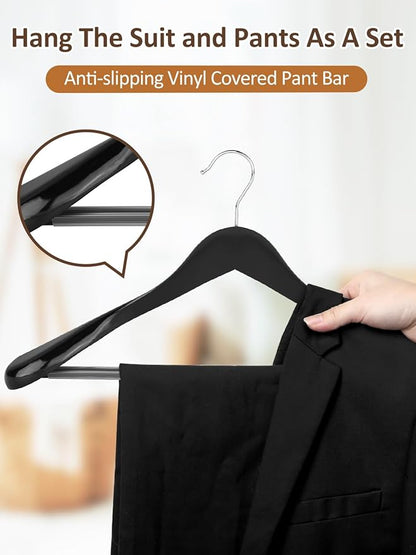 AMKUFO Wide Shoulder Wooden Hangers 8 Pack Coat Hangers with Non Slip Pants Bar, Heavy Duty Suit Hangers Wood Clothes Hangers with Smooth Finish 360° Swivel Hook for Sweater Jackets Shirts Black