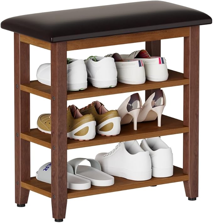Shoe Bench with Leather Cushion,Wood Bench with Shoe Rack,3-Tier Shoe Storage Organizer for Entryway,Hallway,Living Room (Brown, 3-Tier-23.6")