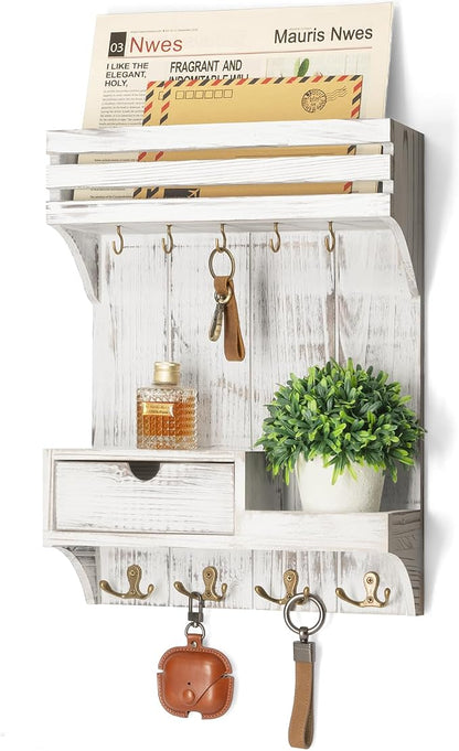 Rebee Vision Farmhouse Key Holder Wall Mount with Mini Drawer Organizer - Decorative Mail Organizer with 9 Key Hooks & Shelf - Ideal Apartment Essentials for Home Decor (Whitewash)