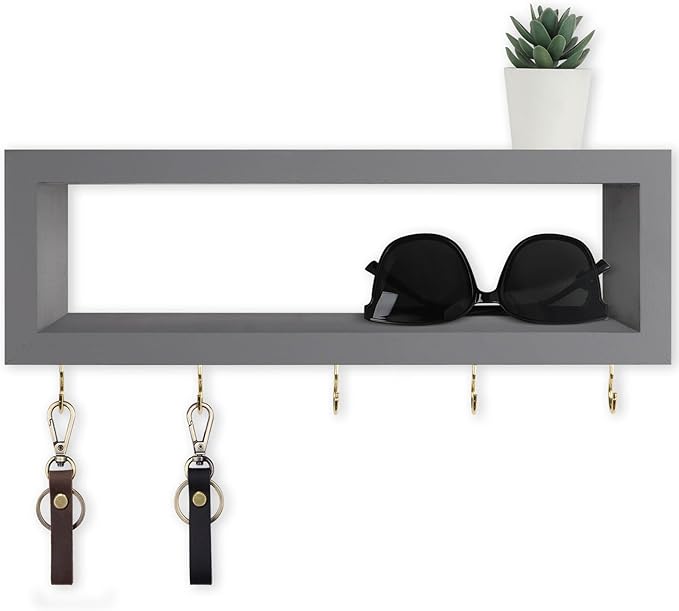 Wall Shelf with Hooks - Decorative Key and Wallet Holder for Wall Holds Sunglasses, Leashes, Scarves and Lanyards - 15.7" x 5.1" x 2.9" Entryway Organizer Made of Paulownia Wood (Gray)