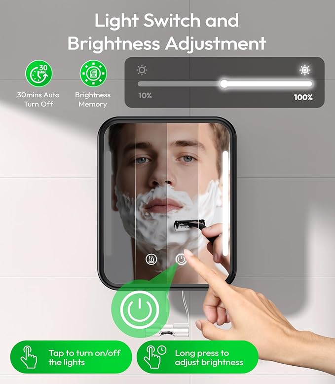 Lighted Shower Mirror Fogless for Shaving with Light, 5000mAh Heated Fogless Mirror for Shower, Detachable Razor Holder and Suction Cup for Wall, NO-Drilling, Waterproof for Bathroom (Black)