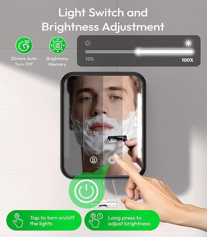 Lighted Shower Mirror Fogless for Shaving with Light, 5000mAh Heated Fogless Mirror for Shower, Detachable Razor Holder and Suction Cup for Wall, NO-Drilling, Waterproof for Bathroom (Black)