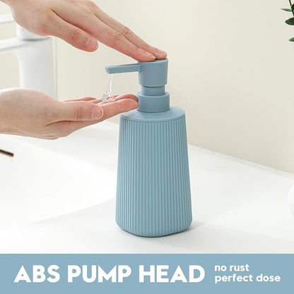 Small Soap Dispenser for Bathroom and Kitchen, Modern Farmhouse Striped Style Plastic Hand Soap Dish Soap Dispenser with Pump Light Blue
