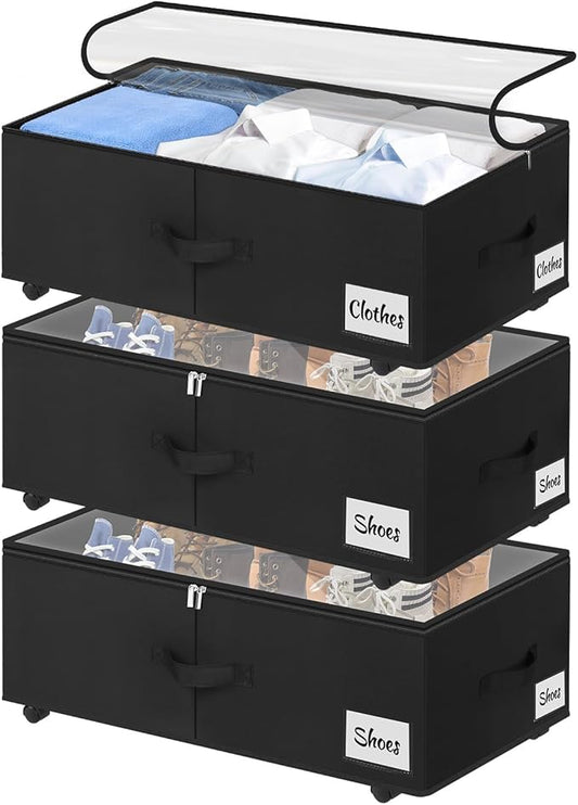 Under Bed Storage with Wheels, 3-Pack 10" Height XXL 75L Rolling Storage Bins, Quick Assembly Underbed Shoe Storage Containers with Clear Lid & Label, Dorm Under Bed Drawers for Clothes, Shoes, Black
