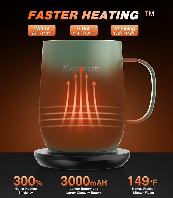 Kepwam Self Heating Coffee Mug T2, 16oz Smart Heated Coffee Mug, 150 Min Battery Life - Hot up to 149℉ Temperature Control Coffee Mug Warmer, Gifts for Dad Mom (No APP)