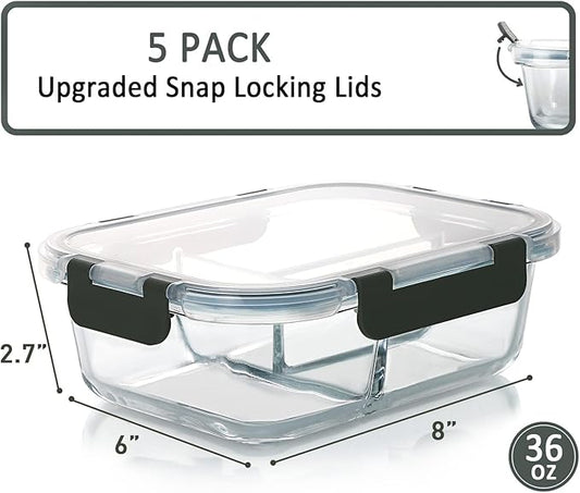 M MCIRCO [5-Pack, 36 oz] Glass Meal Prep Containers 3 Compartment with Lids, Glass Lunch Containers,Food Prep Lunch Box,Bento Box,Microwave, Oven, Freezer, Dishwasher (4.5 Cups)