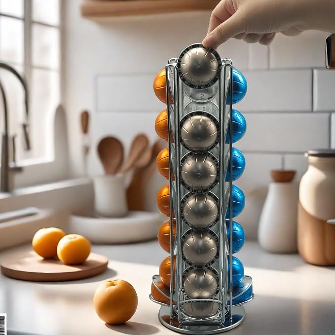 Miuly Coffee Capsule Holder For Nespresso Vertuoline, Coffee Capsule Stands Rotating Pod Rack holds 28 Nespresso Vertuo Pods, Silver