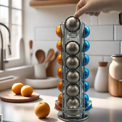 Miuly Coffee Capsule Holder For Nespresso Vertuoline, Coffee Capsule Stands Rotating Pod Rack holds 28 Nespresso Vertuo Pods, Silver