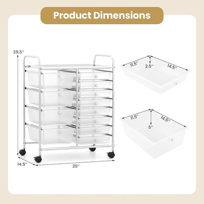 LDAILY 12 Drawer Rolling Storage Cart, Rolling Cart with Drawers for Classroom, Art Supply Craft Organizer on Wheel with Metal Frame & Handles for Home Office School (Clear, 12 Drawer Left-Right)