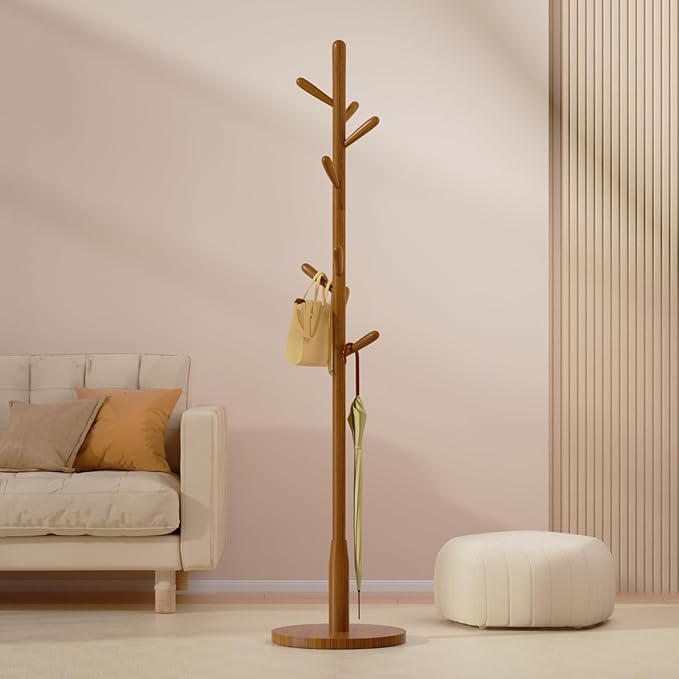 Solid Wood Round Base Coat Rack, Free Standing Hall Coat Tree with 8 Hooks（+2 spare for Coats, Hats, Bags, Purses, for Entryway, Hallway, Rubberwood Hooks,Base and Pole(Round Base,Brown)