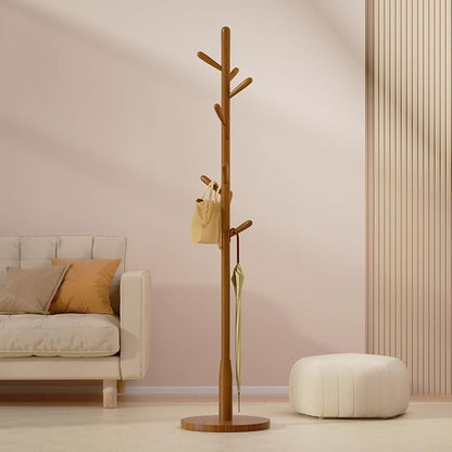 Solid Wood Round Base Coat Rack, Free Standing Hall Coat Tree with 8 Hooks（+2 spare for Coats, Hats, Bags, Purses, for Entryway, Hallway, Rubberwood Hooks,Base and Pole(Round Base,Brown)
