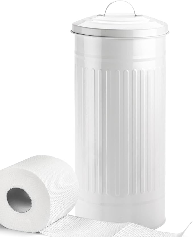Autumn Alley White Toilet Paper Holder Canister with Lid – Vertical Rustproof Free-Standing Farmhouse Metal Toilet Tissue Caddy for 3 Mega Rolls, Rustic Enclosed Toilet Storage Stand