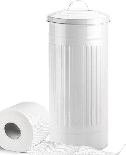 Autumn Alley White Toilet Paper Holder Canister with Lid – Vertical Rustproof Free-Standing Farmhouse Metal Toilet Tissue Caddy for 3 Mega Rolls, Rustic Enclosed Toilet Storage Stand