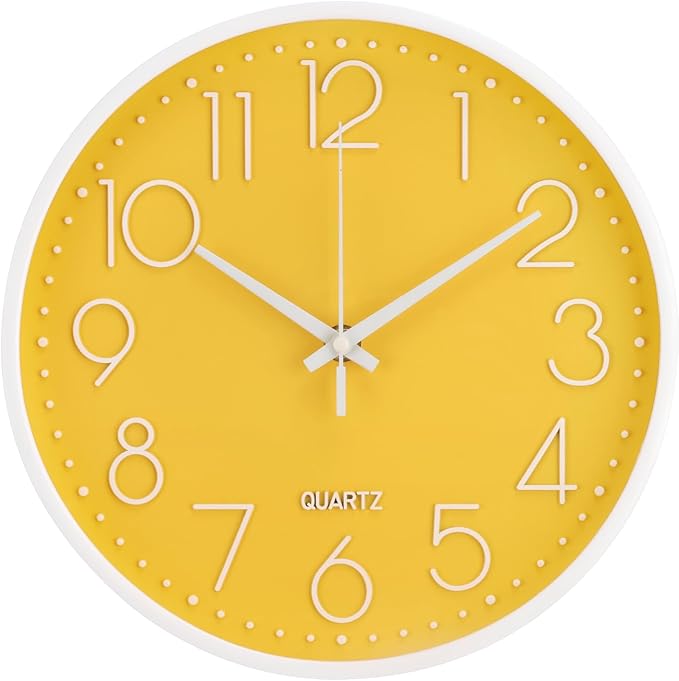 Wall Clock 10 Inch Non-Ticking Silent Modern Simple Style Round Decor Clock Yellow Stereoscopic Dial Quartz Wall Clocks for Home/Office/School/Living Room/Bedroom/Kitchen