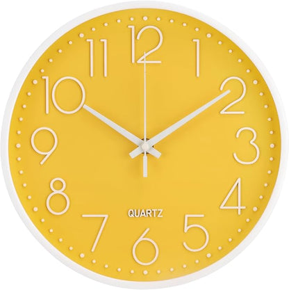 Wall Clock Non-Ticking Silent Modern Simple Style Round Decor Clock Stereoscopic Dial Quartz Wall Clocks for Home/Office/School/Living Room/Bedroom/Kitchen (Yellow, 8inch)
