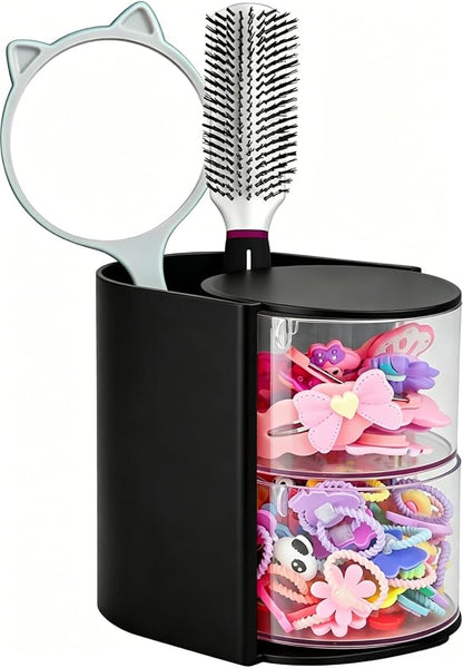 Luscinia Hair Accessories Organizer with Hair Brush Holder, Rotatable Makeup Brush and Jewelry Storage Box for Hair Clips, Earrings, Necklaces, Bracelets, Rings, and Daily Accessories (Black, 2-Layer)